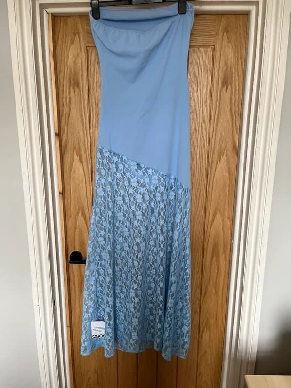 ASOS Design Asos asymmetric blue lace bottom bandeau maxi dress