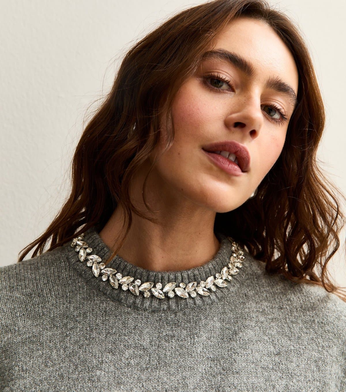New Look Women's Grey Embellished Necklace Jumper New Look