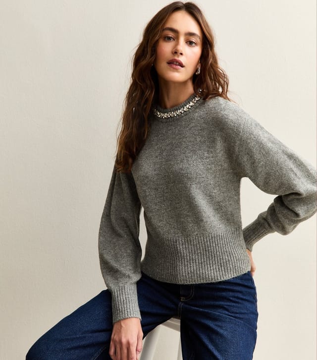New Look Women's Grey Embellished Necklace Jumper New Look - 2