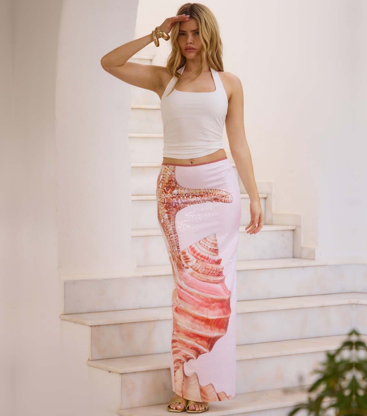 South Beach Women's Light Pink Sequinned Seashell Maxi Skirt South Beach New Look