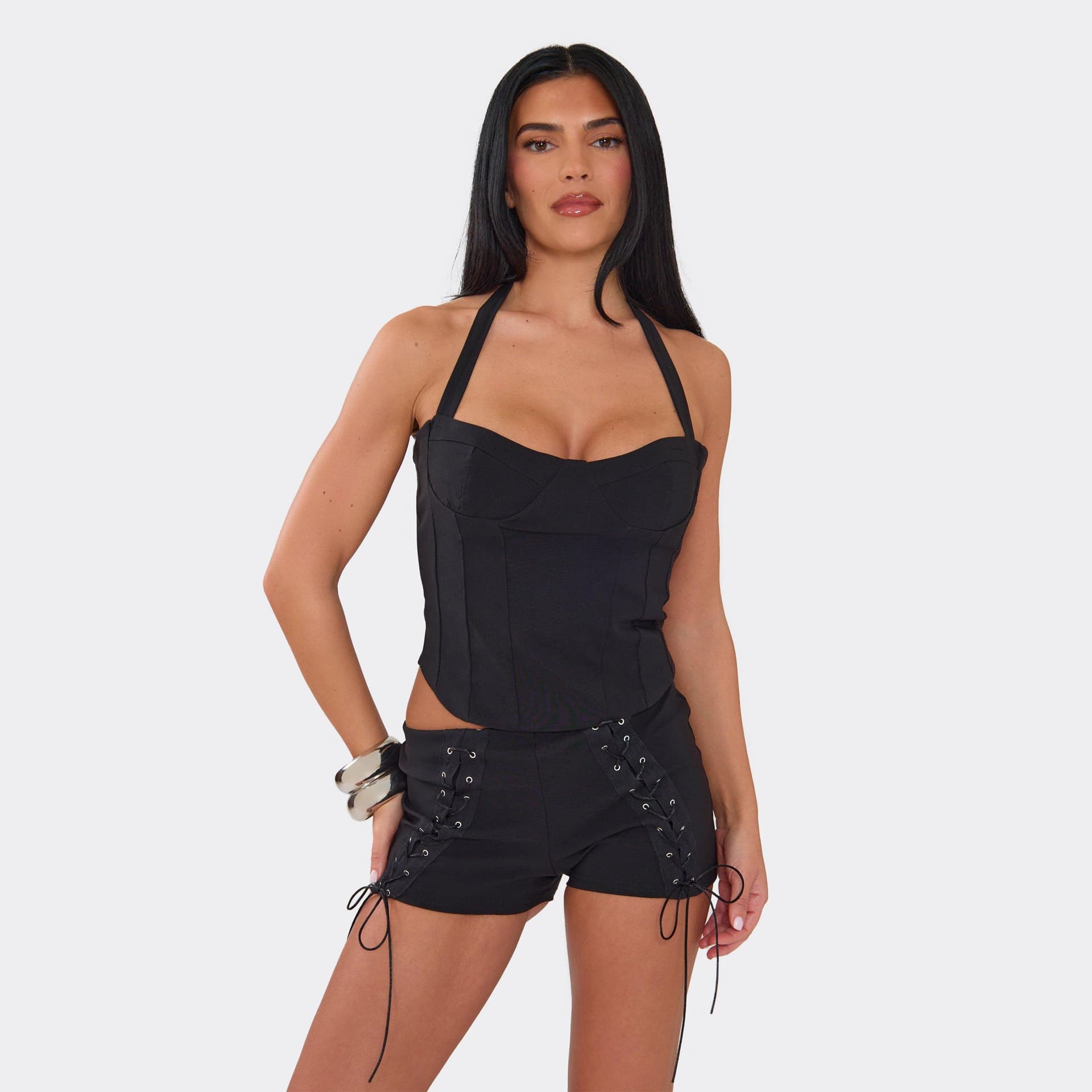 EGO Low Rise Lace Up Front Hotpant Shorts In Black, Women's Size UK 4