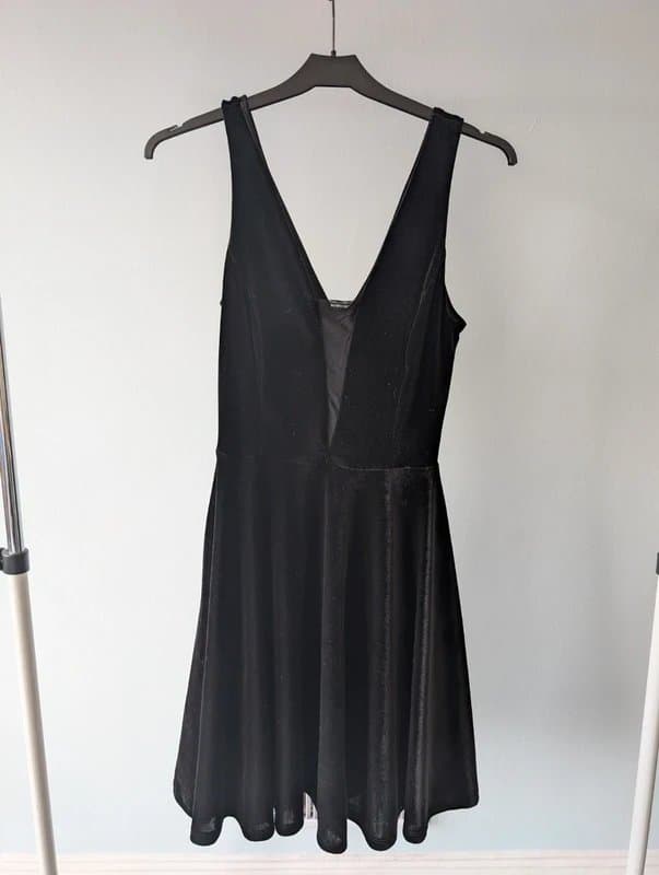 New Look Black velvet skater dress with gold zip size 8 new look