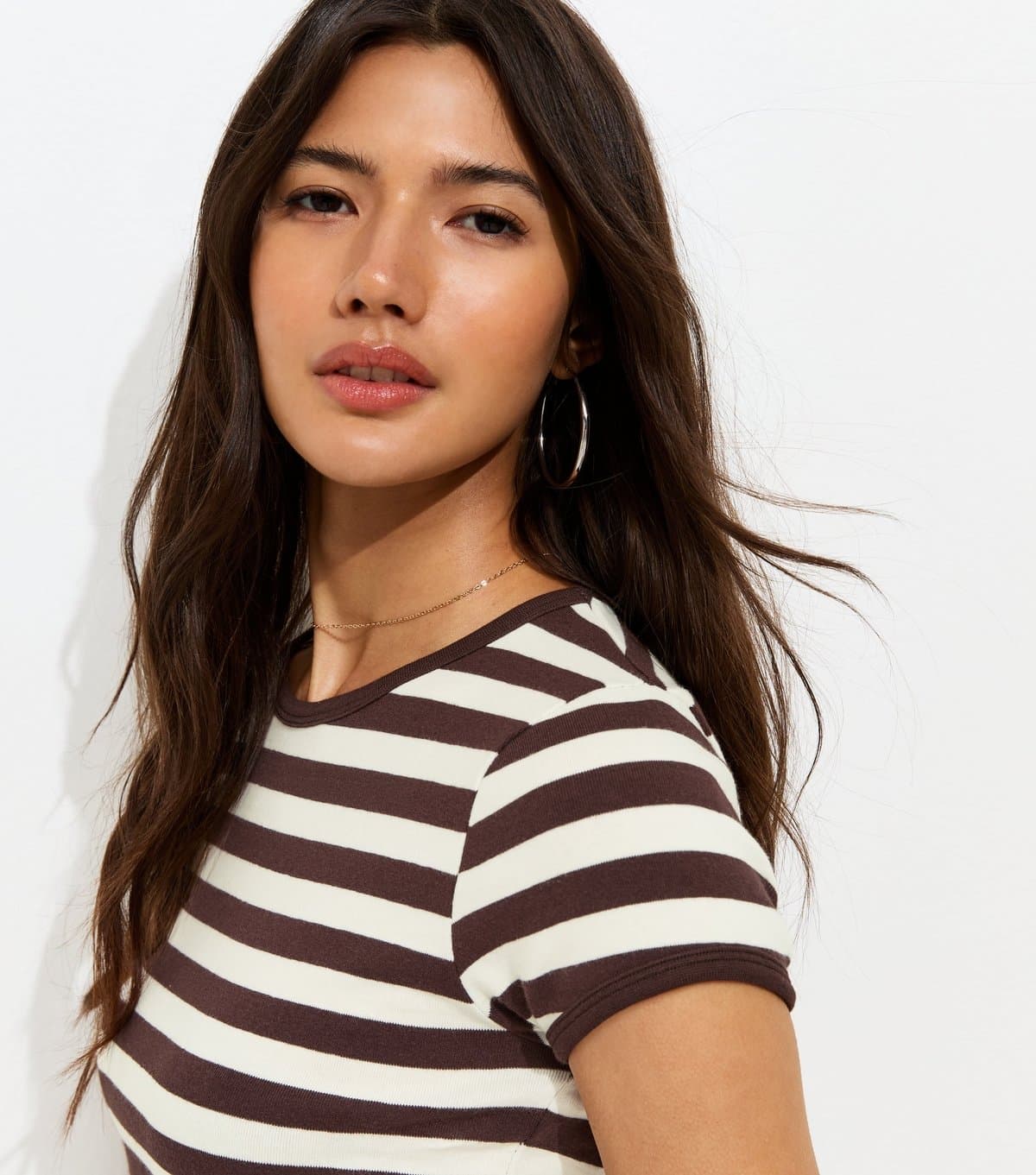 New Look Women's Brown Cotton Rich Striped Contrast Trim Ringer T-Shirt New Look