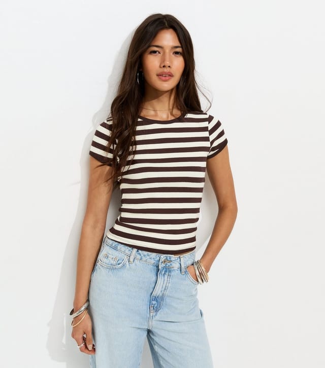 New Look Women's Brown Cotton Rich Striped Contrast Trim Ringer T-Shirt New Look - 3