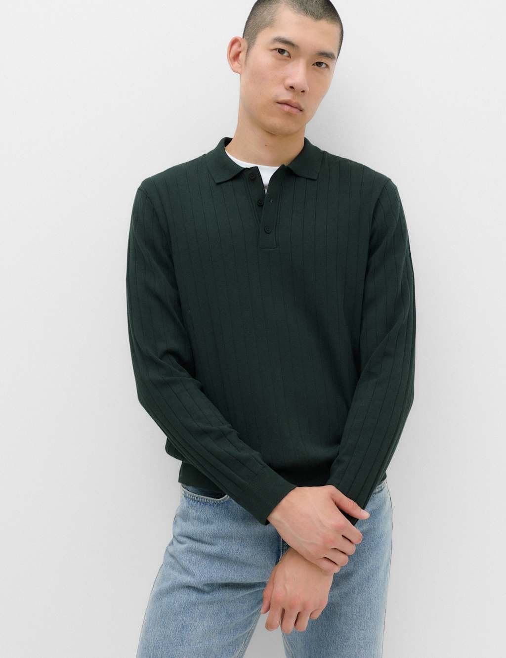 Marks & Spencer M&S Cotton Blend Smart Rib Knit Polo Shirt Dark Evergreen