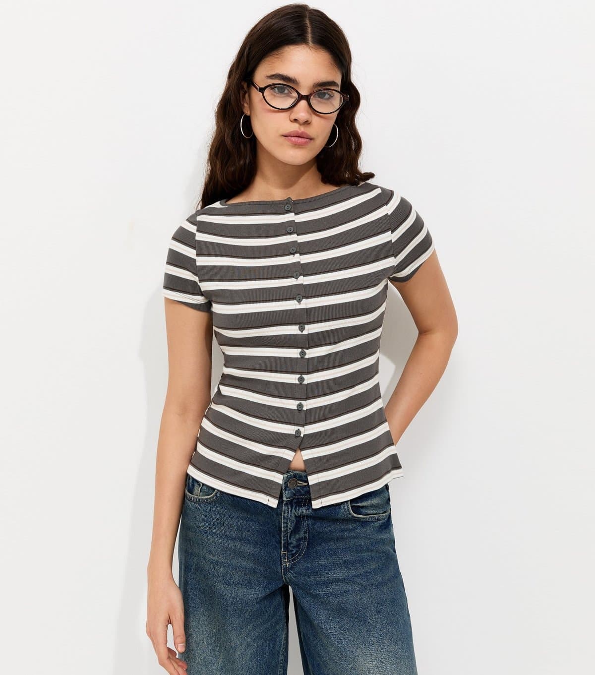 New Look Women's Grey Cotton Rich Striped Button Through Baby Tee T-Shirt New Look