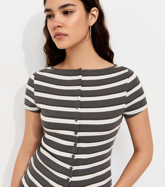 New Look Women's Grey Cotton Rich Striped Button Through Baby Tee T-Shirt New Look - 2