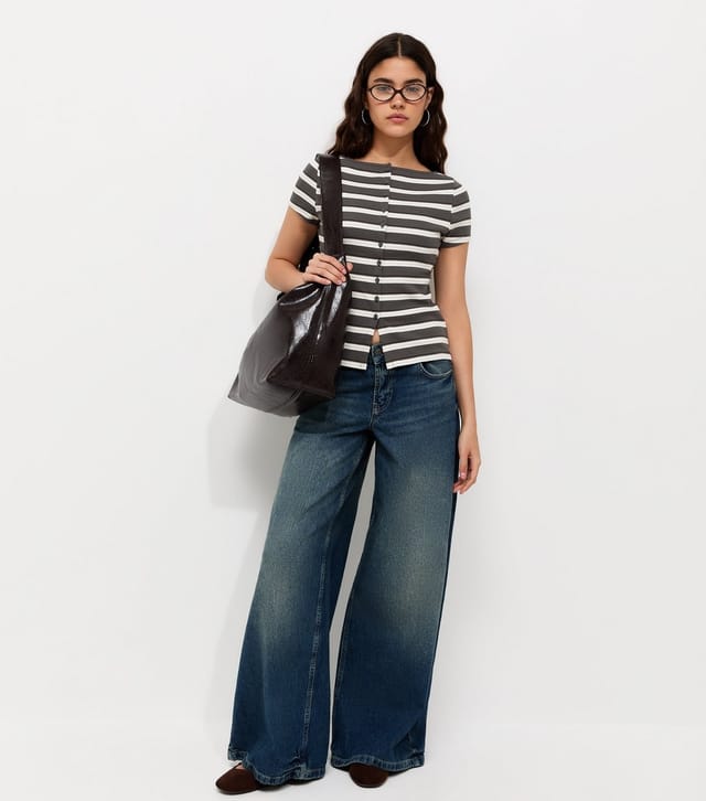 New Look Women's Grey Cotton Rich Striped Button Through Baby Tee T-Shirt New Look - 3