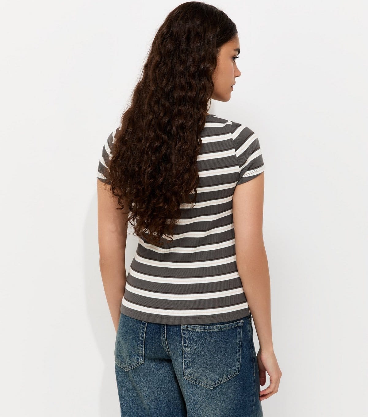 New Look Women's Grey Cotton Rich Striped Button Through Baby Tee T-Shirt New Look - 4