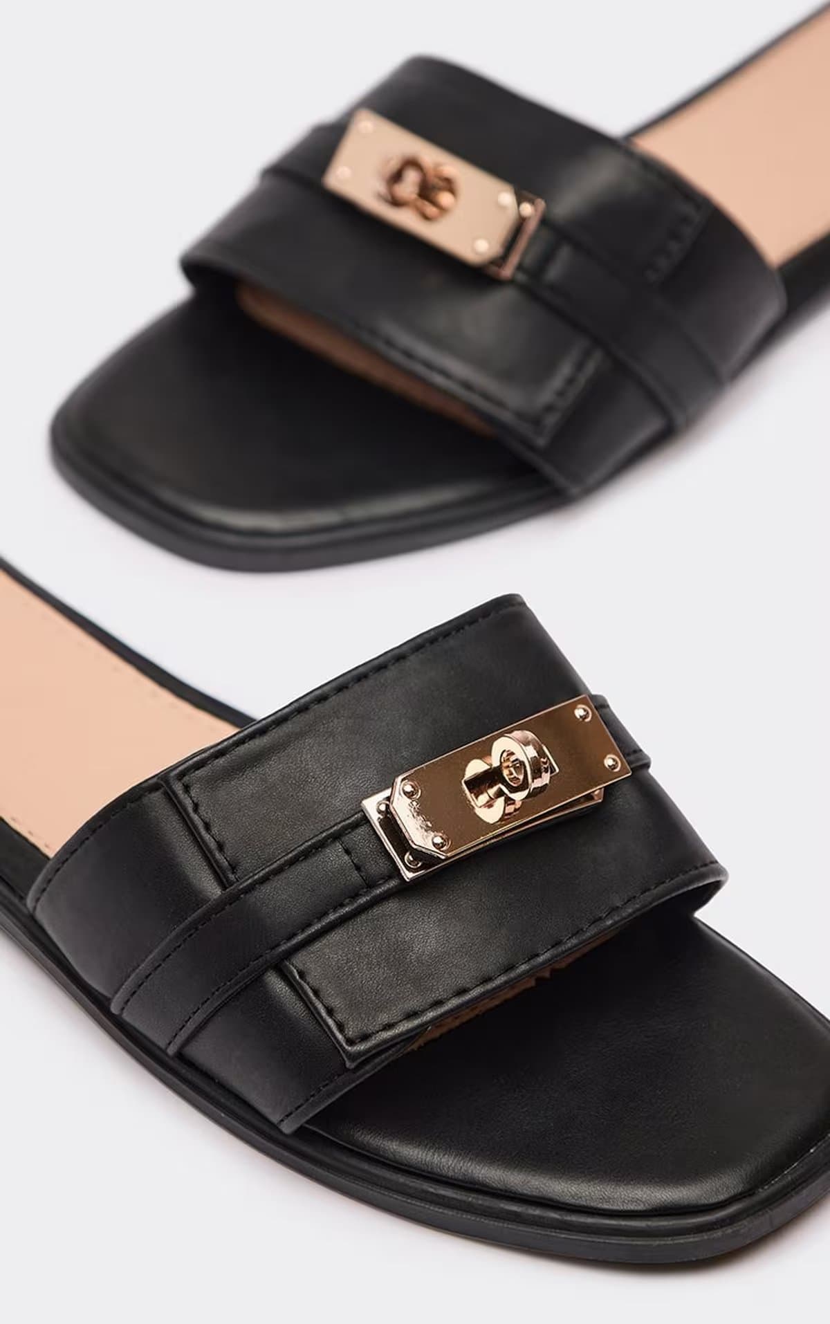 EGO Tyla Lock Detail Flat Slider Sandal In Black Faux Leather, Women's Size UK 3