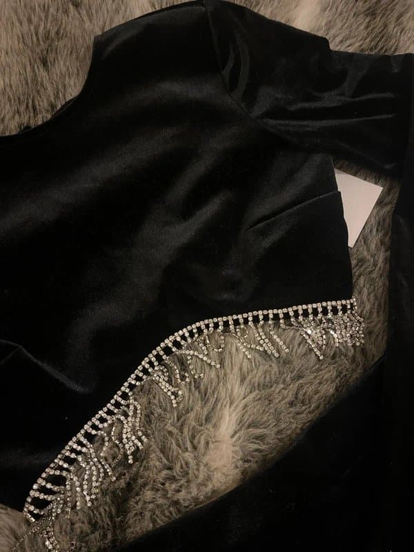 Bershka Bershka black velvet diamante detail mini skirt and crop top co ord