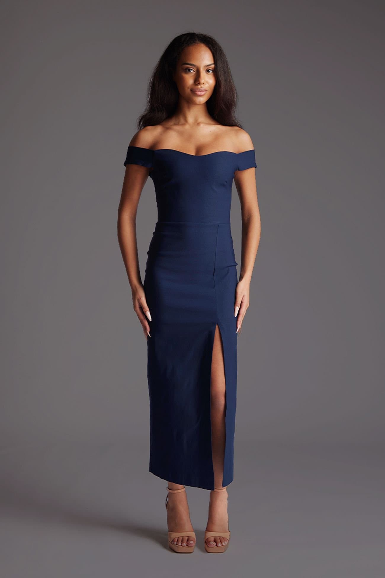 Vesper Vesper Women's Bardot Midaxi Dress with Thigh Split in Navy