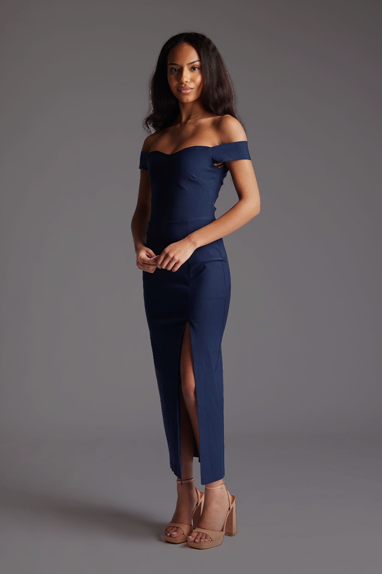 Vesper Vesper Women's Bardot Midaxi Dress with Thigh Split in Navy - 2