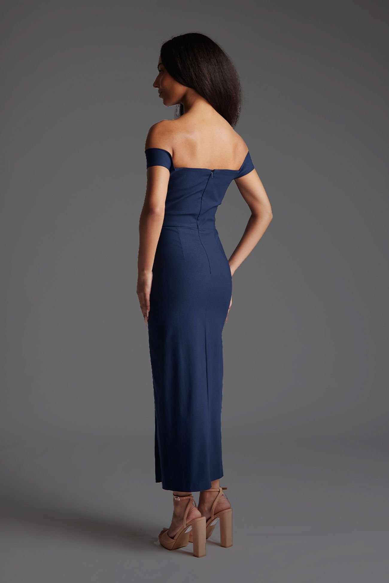Vesper Vesper Women's Bardot Midaxi Dress with Thigh Split in Navy - 3