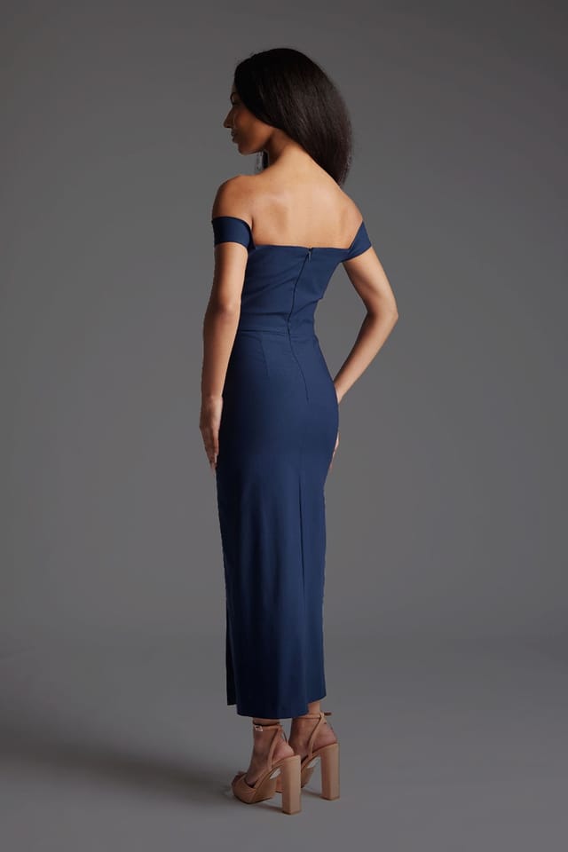 Vesper Vesper Women's Bardot Midaxi Dress with Thigh Split in Navy - 3