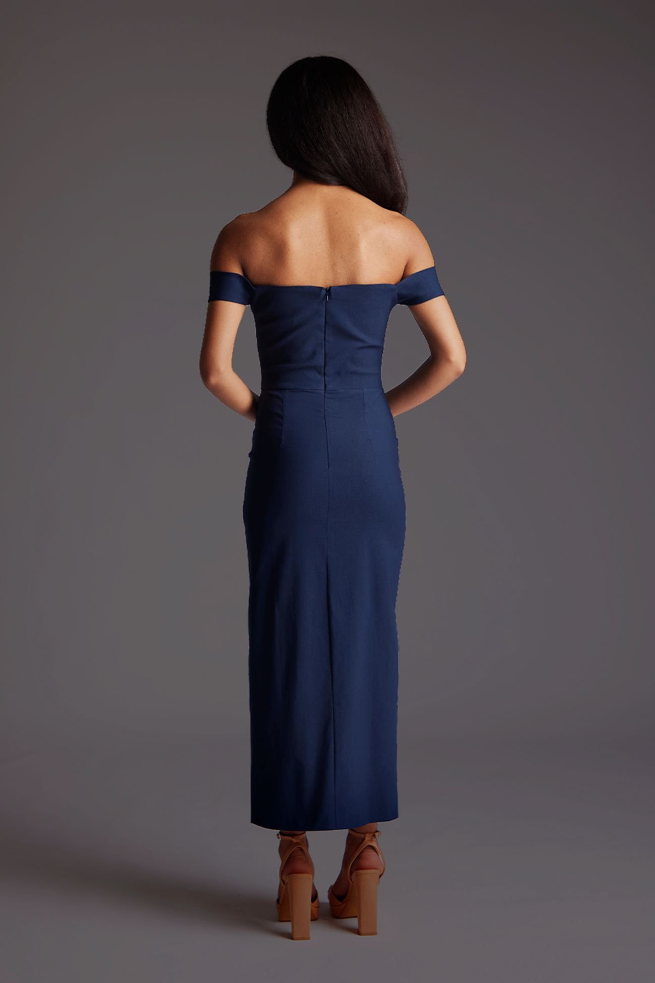 Vesper Vesper Women's Bardot Midaxi Dress with Thigh Split in Navy - 4