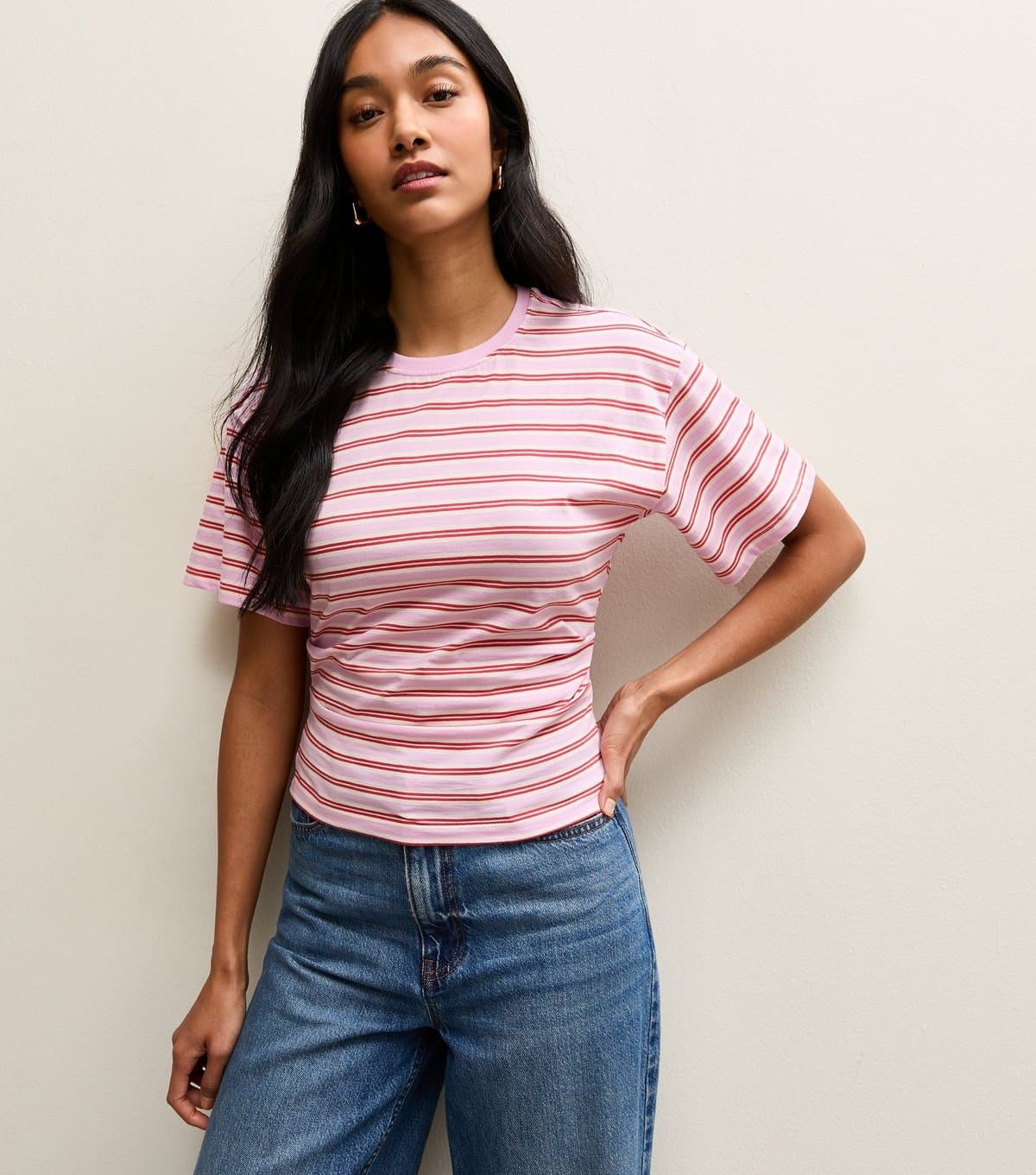 New Look Women's Pink Striped Ruched Waist Crew Neck T-Shirt New Look