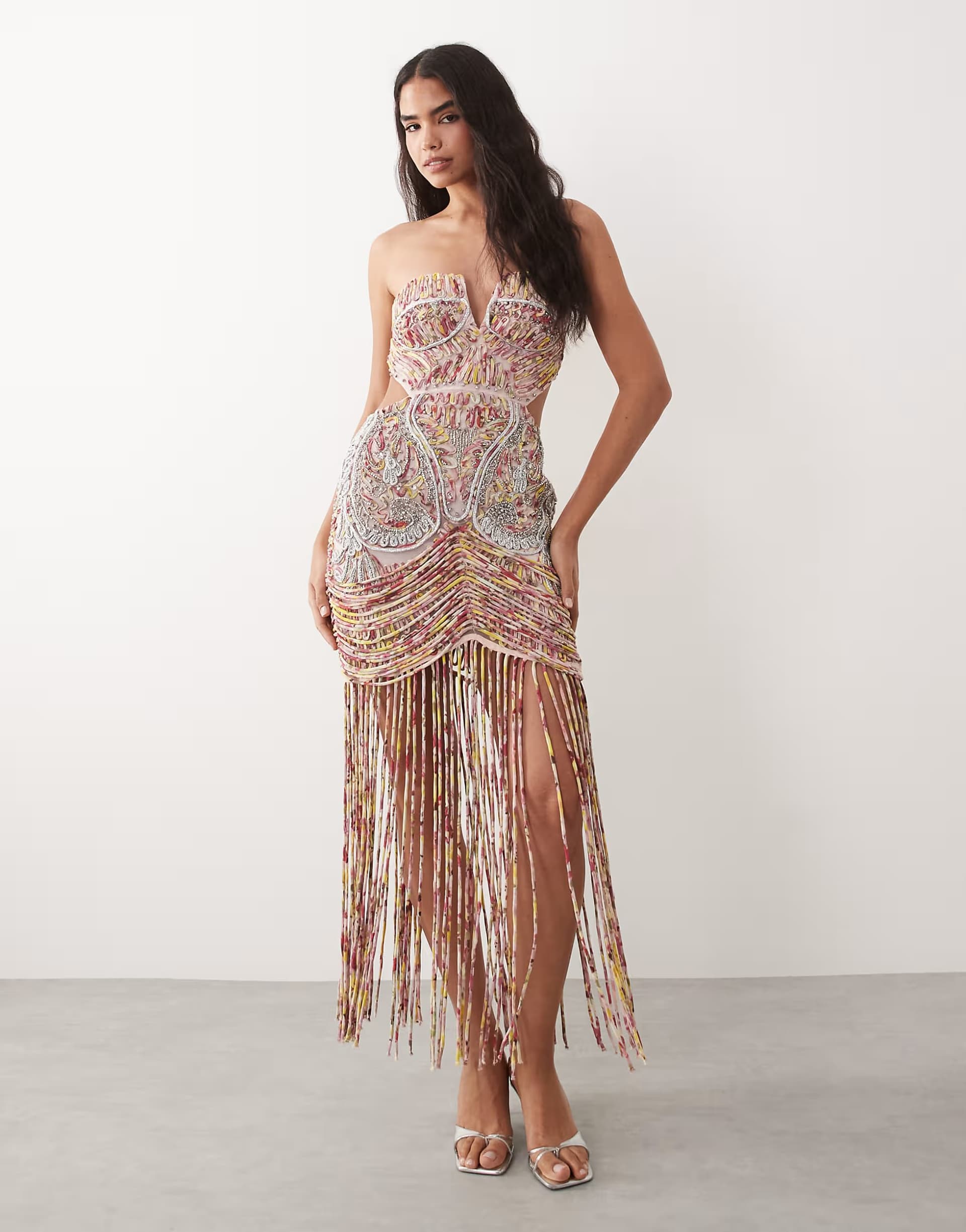 ASOS ASOS LUXE premium embroidered fringed cupped maxi dress in pink