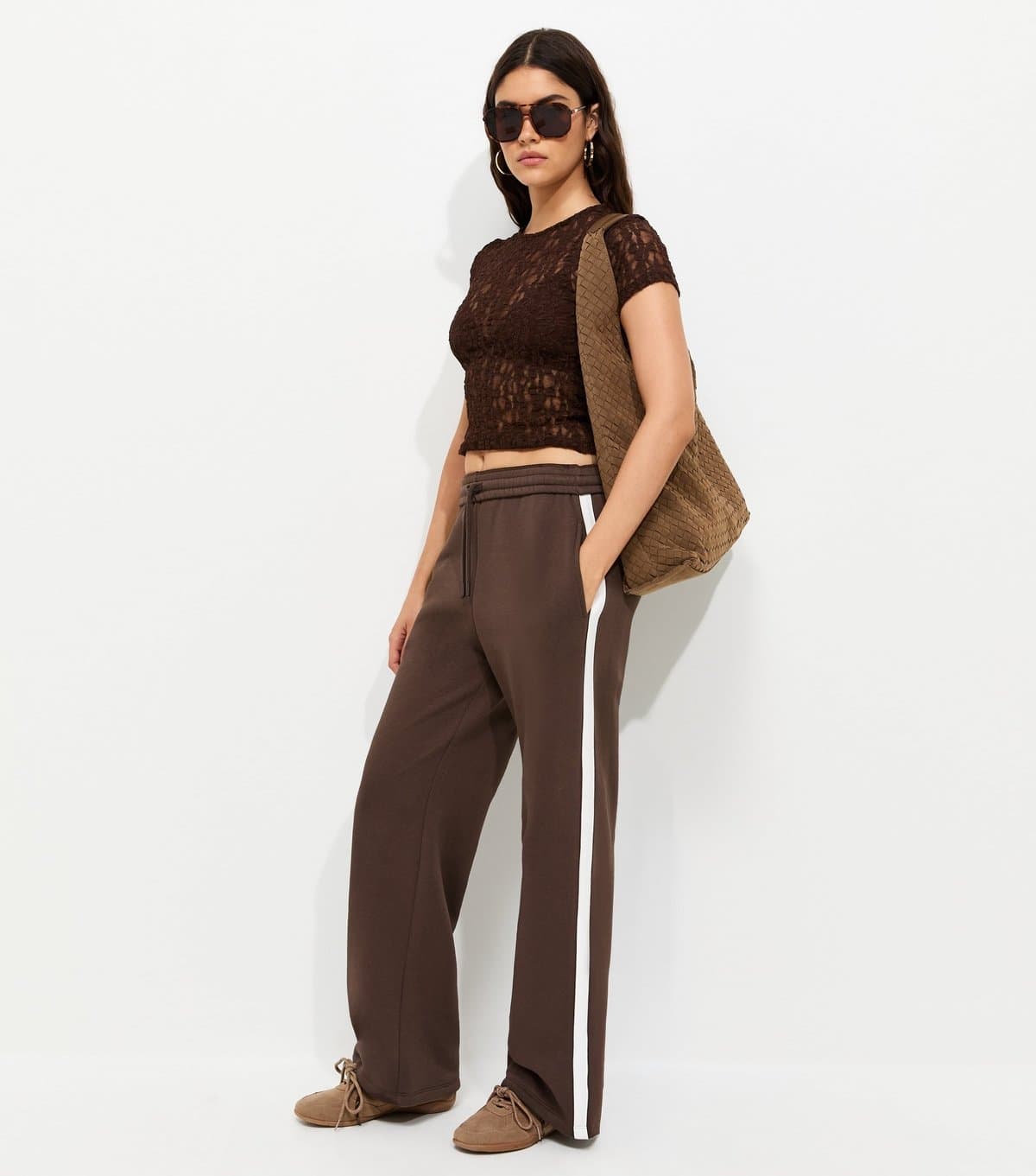 New Look Women's Dark Brown Side Stripe Wide Leg Joggers New Look