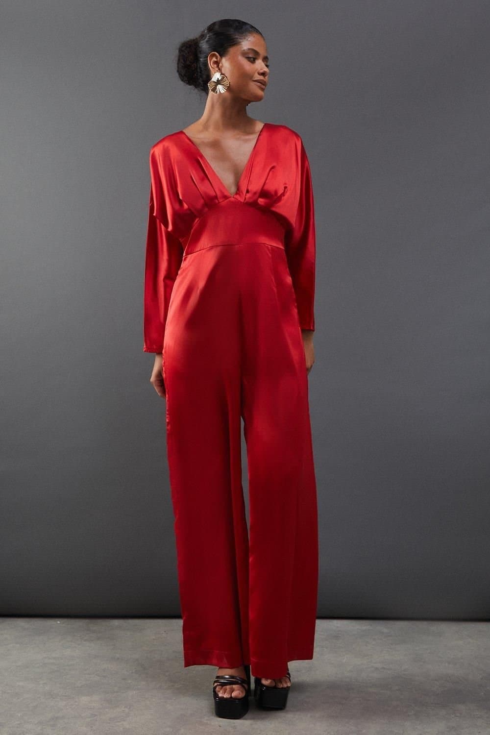Warehouse Warehouse Women's Satin Batwing Wide Leg Jumpsuit in Red