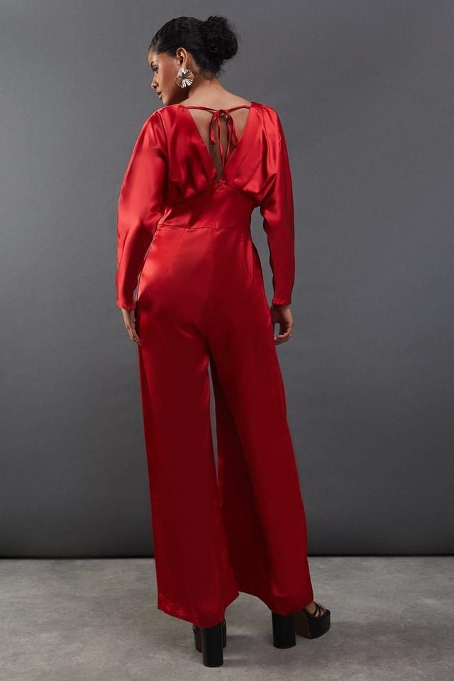Warehouse Warehouse Women's Satin Batwing Wide Leg Jumpsuit in Red - 3
