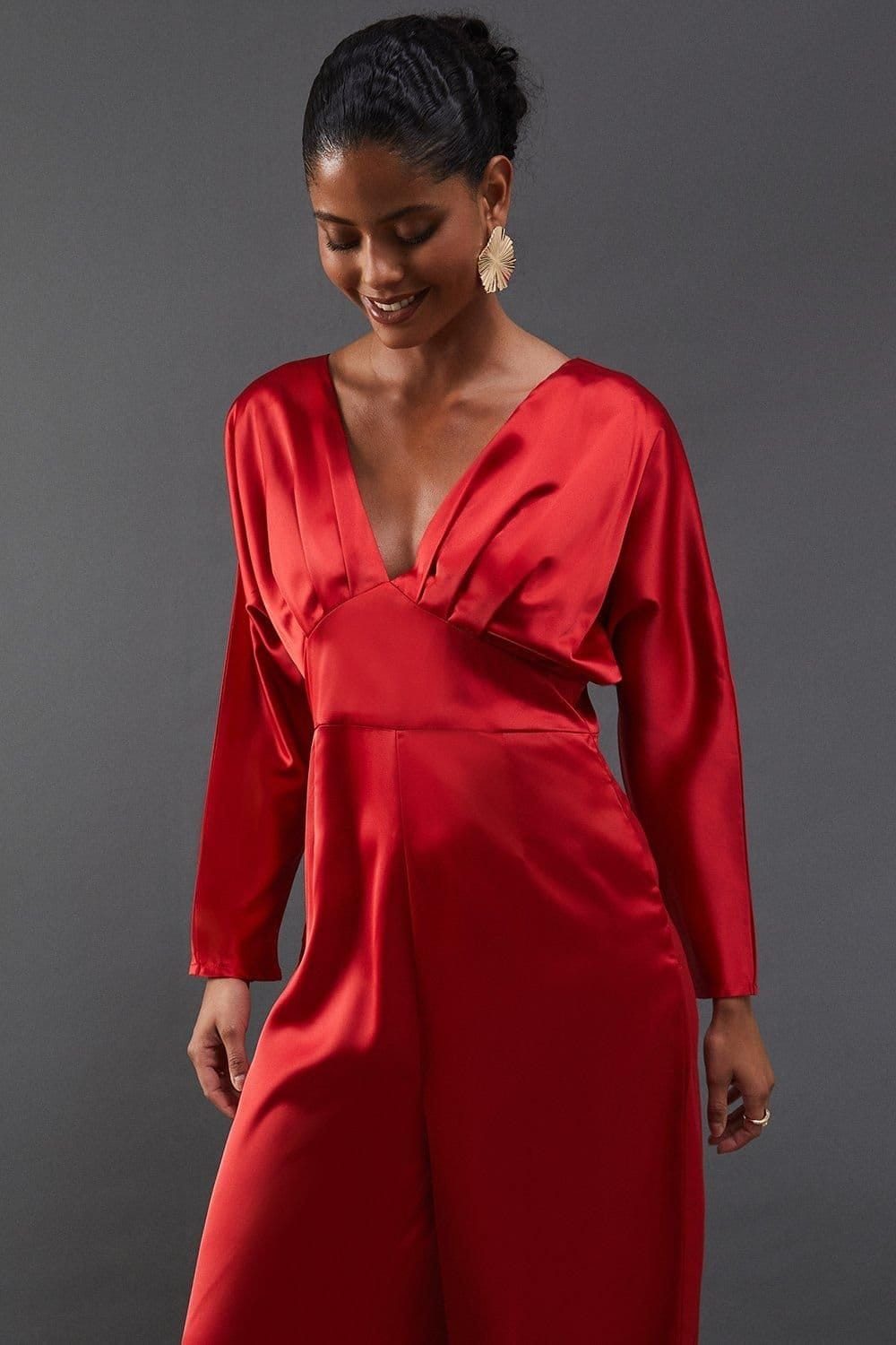 Warehouse Warehouse Women's Satin Batwing Wide Leg Jumpsuit in Red - 4