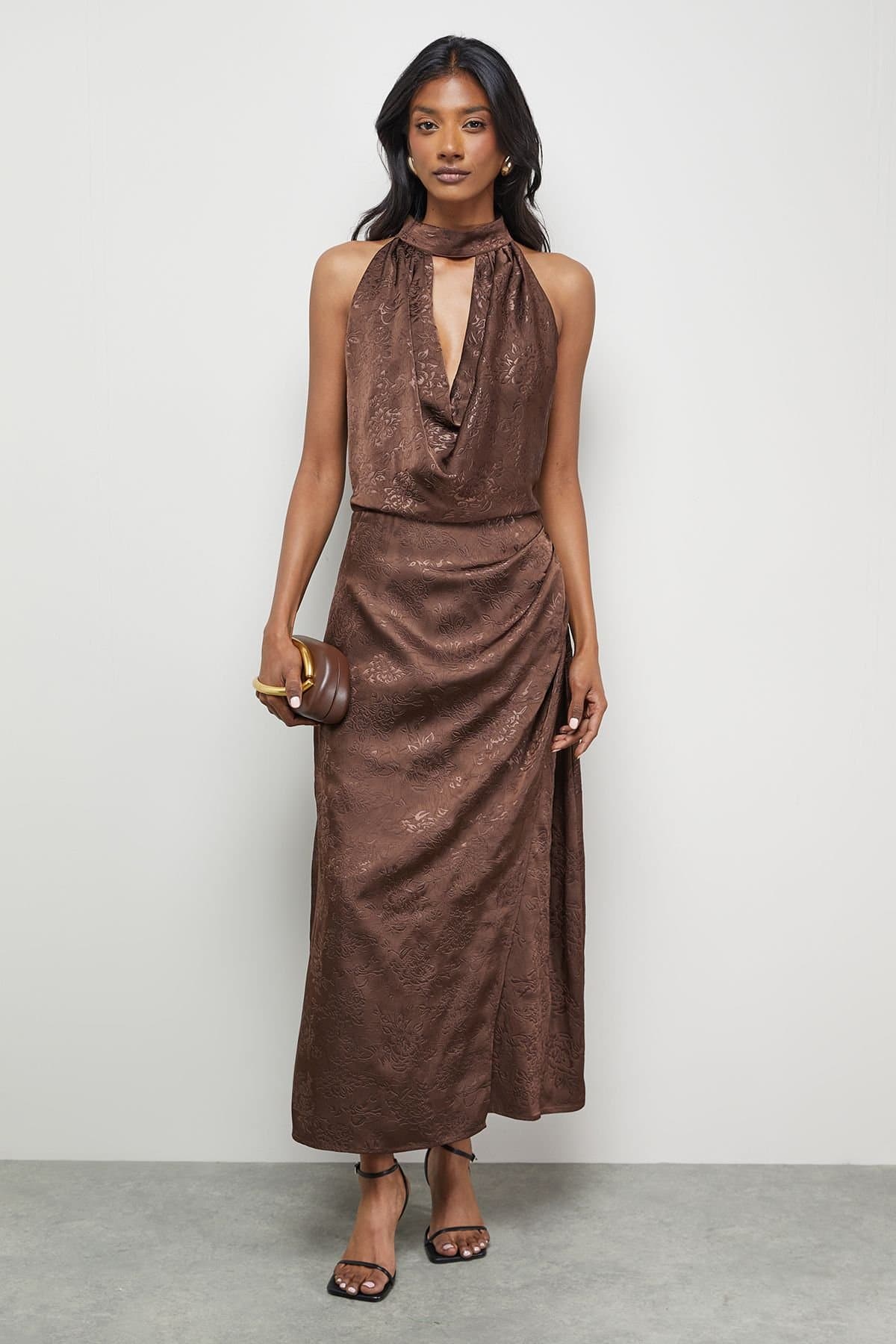 Warehouse Warehouse Women's Satin Jacquard Halter Keyhole Front Midi Dress in Chocolate