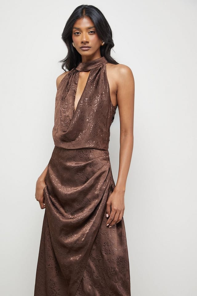 Warehouse Warehouse Women's Satin Jacquard Halter Keyhole Front Midi Dress in Chocolate - 2