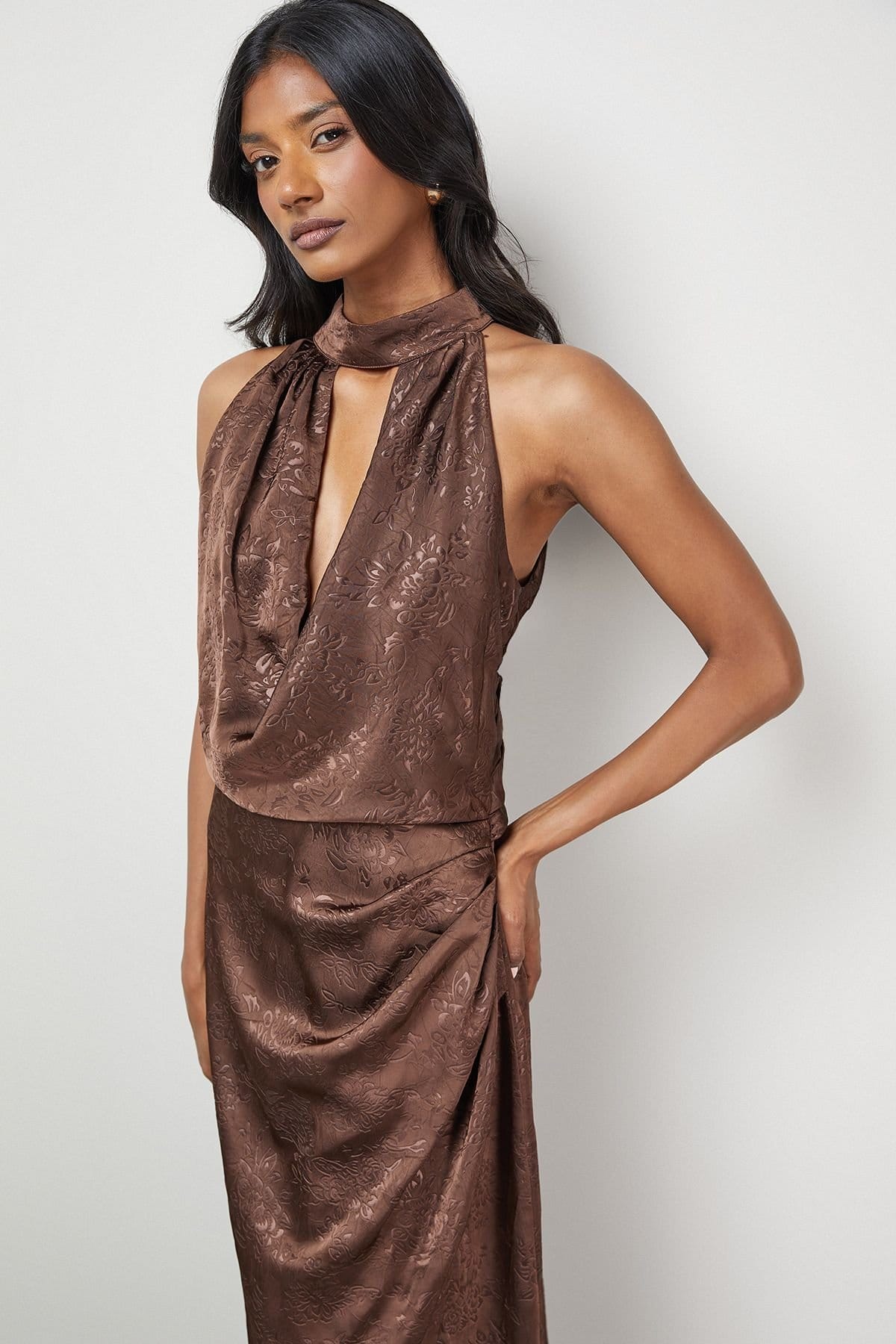 Warehouse Warehouse Women's Satin Jacquard Halter Keyhole Front Midi Dress in Chocolate - 4