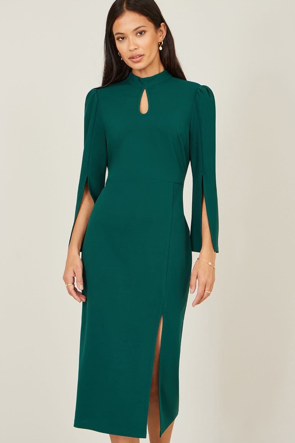 Yumi Yumi Women's Green Fitted Midi Dress With Flute Sleeves