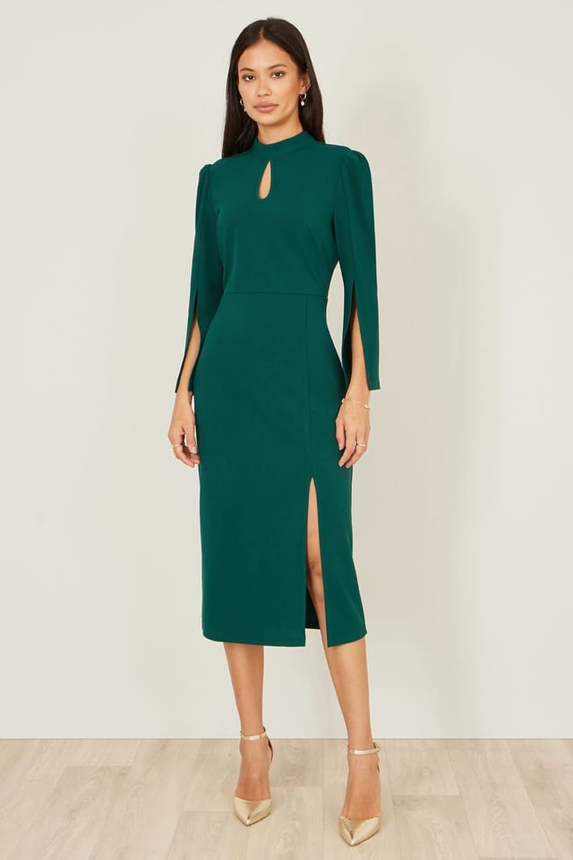 Yumi Yumi Women's Green Fitted Midi Dress With Flute Sleeves - 2