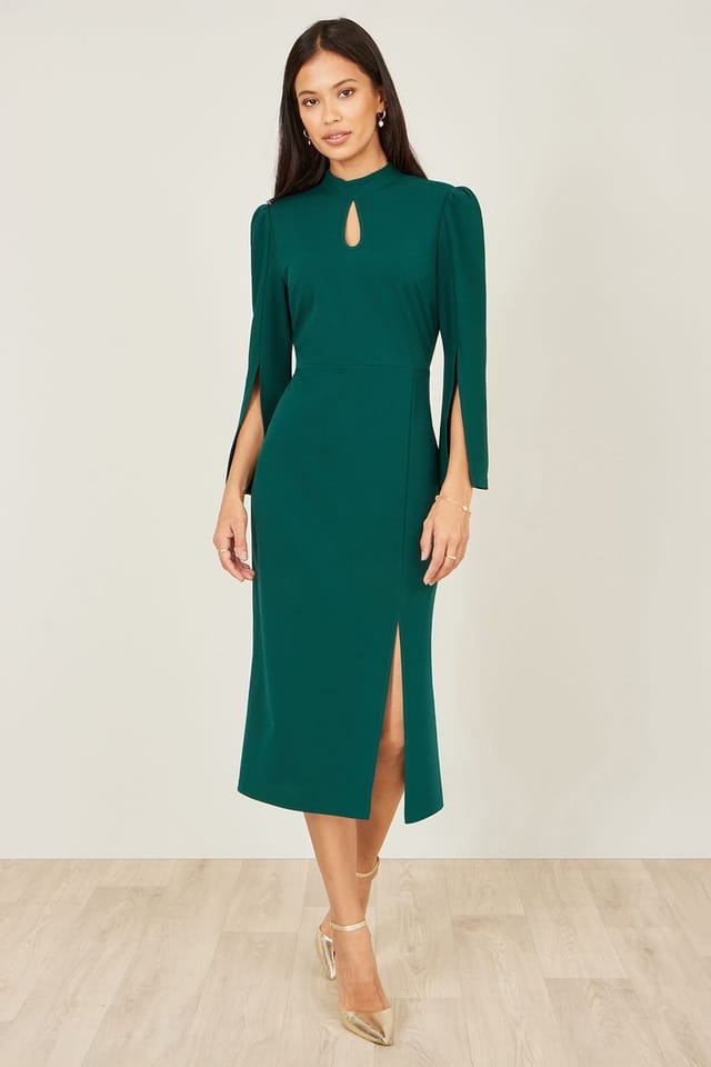 Yumi Yumi Women's Green Fitted Midi Dress With Flute Sleeves - 3