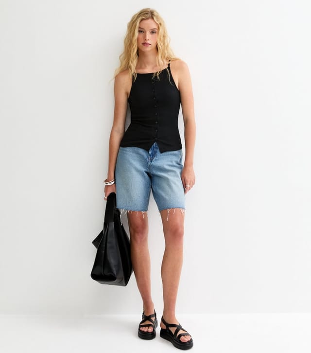 New Look Women's Black Ribbed Jersey Button Through Cami Top New Look - 3