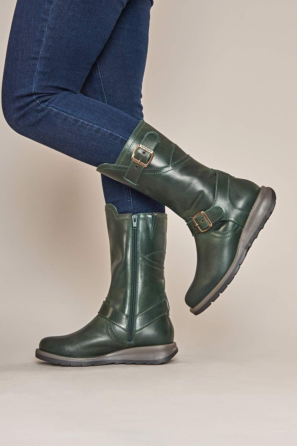 Moshulu Moshulu Women's 'Nightjar' Wedge Mid-Length Leather Boots in Dark Green