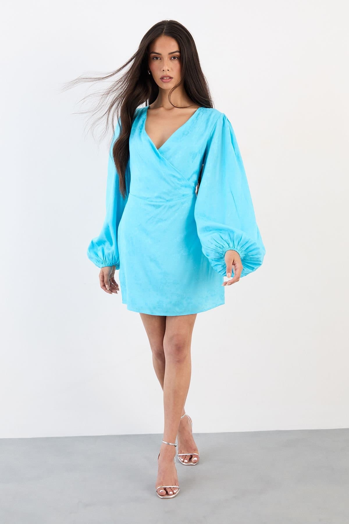 Warehouse Warehouse Women's Blouson Sleeve Jacquard Mini Dress in Blue