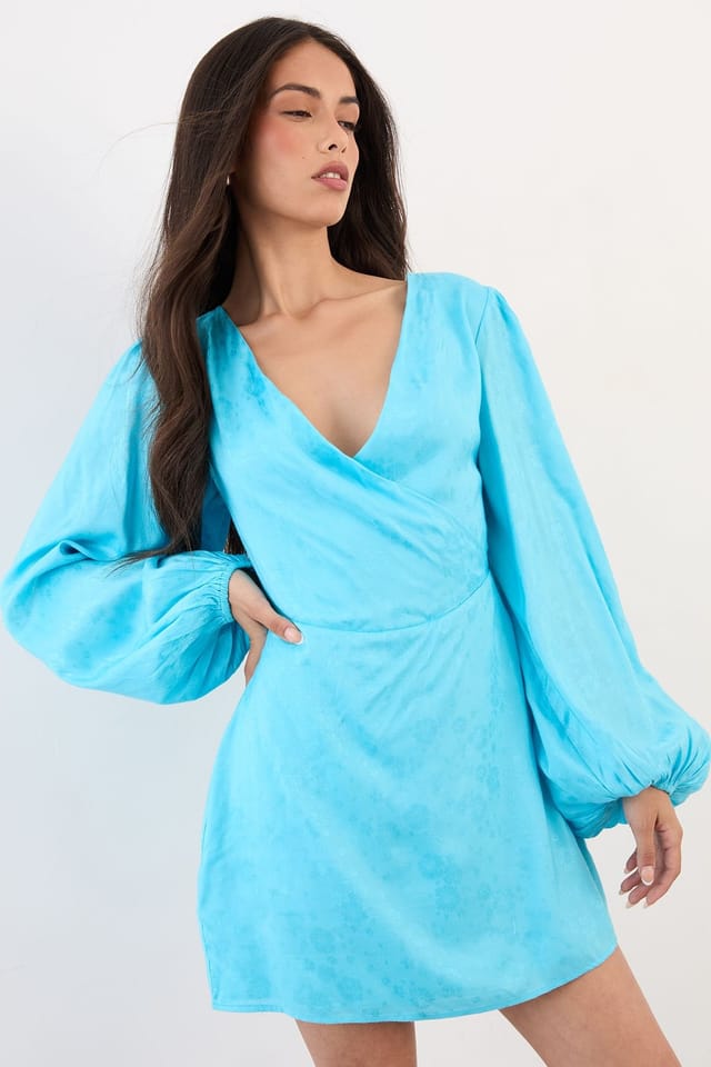 Warehouse Warehouse Women's Blouson Sleeve Jacquard Mini Dress in Blue - 2