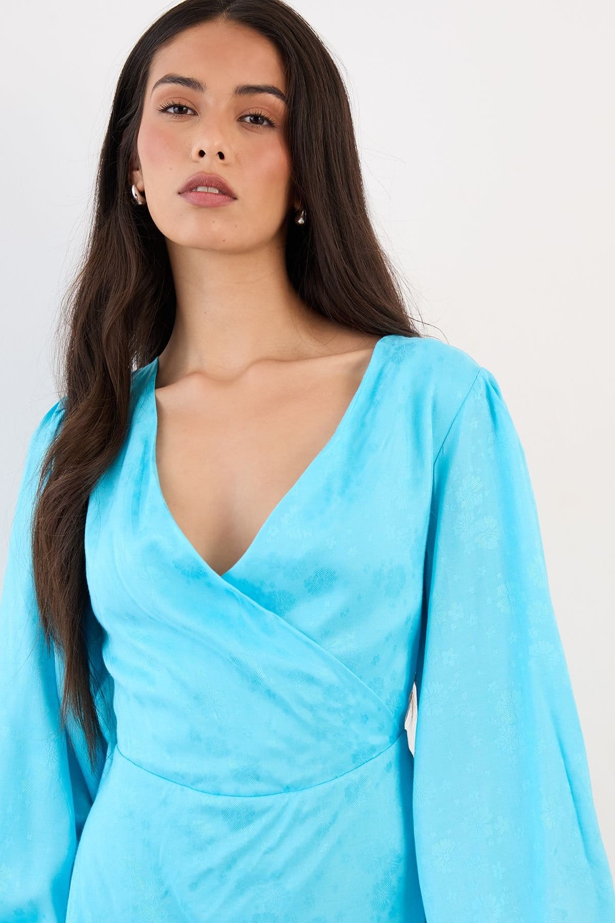 Warehouse Warehouse Women's Blouson Sleeve Jacquard Mini Dress in Blue - 4