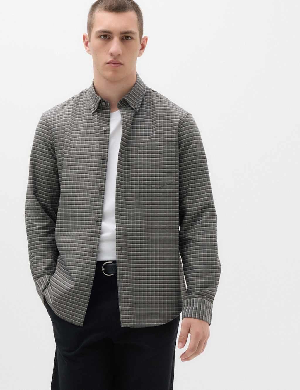 Marks & Spencer M&S Ultimate Pure Cotton Check Oxford Shirt Grey Mix