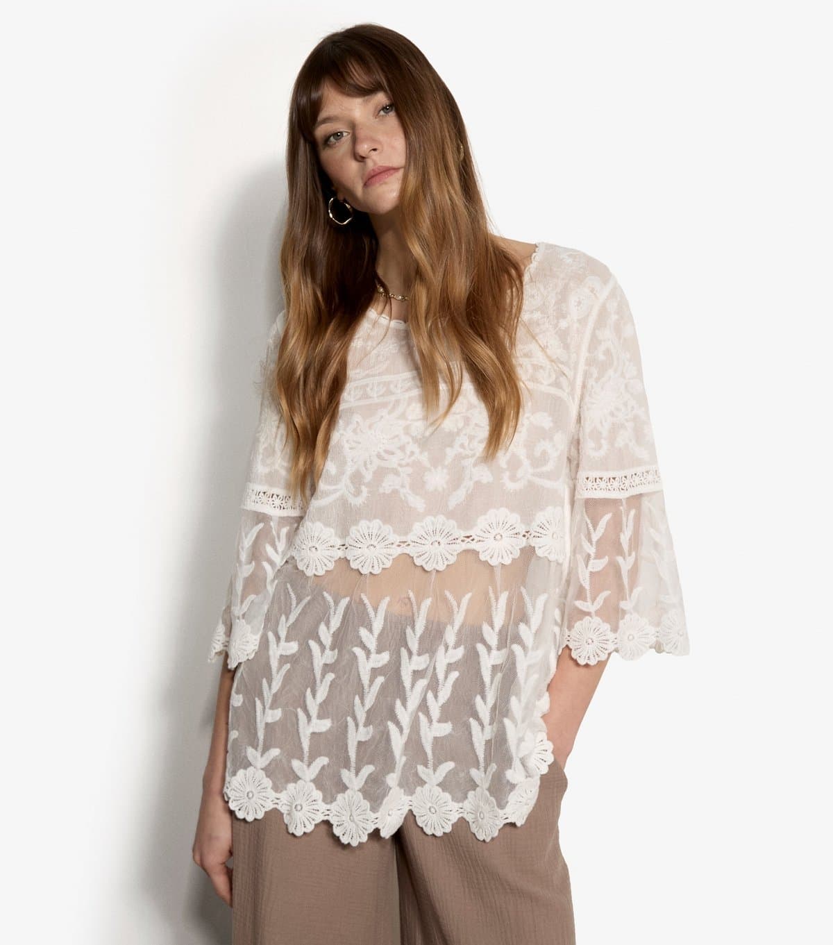 Apricot Women's Cream Sheer Embroidered Bell Sleeve Top Apricot New Look