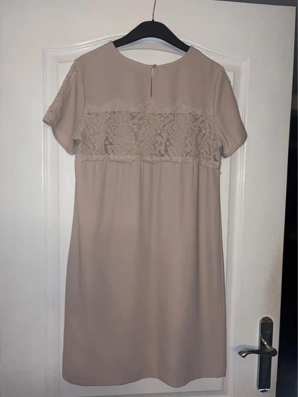 Next Like NEW Next UK 12 Blush dusky pink / nude Lace knee dress short sleeve occasion wedding