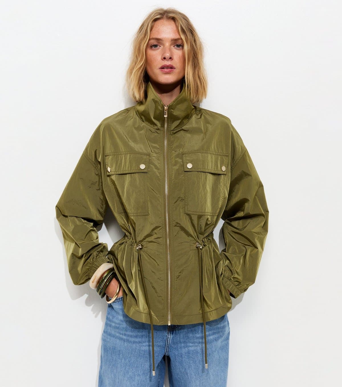 New Look Women's Khaki Zip Through Sinched Waist Utility Jacket New Look