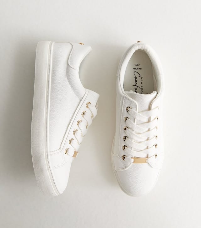 New Look Women's Wide Fit White Faux Leather Lace Up Trainers Vegan New Look - 2