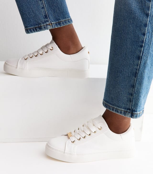 New Look Women's Wide Fit White Faux Leather Lace Up Trainers Vegan New Look - 3