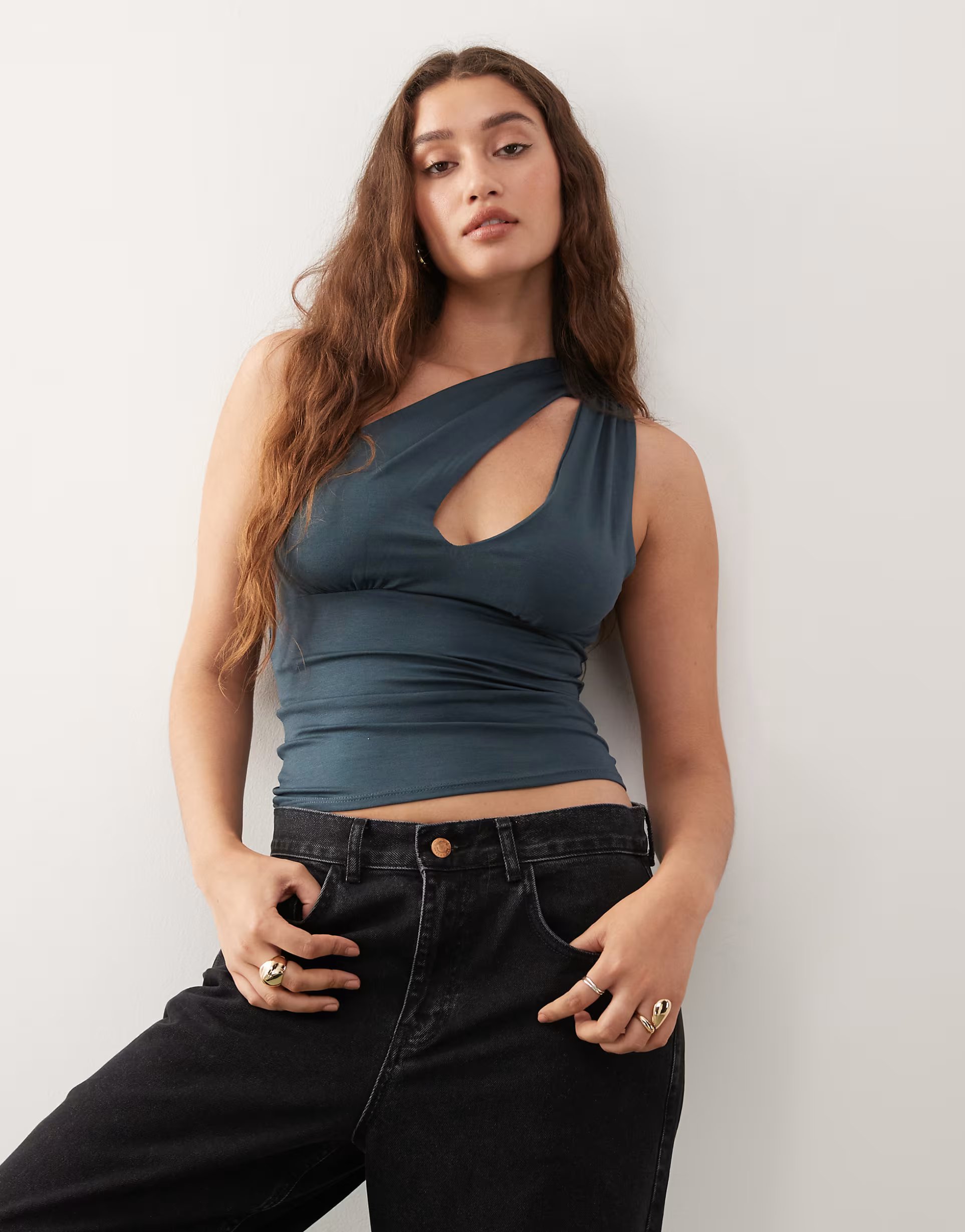 ASOS Weekday one shoulder top with slash detail in dark grey - 1