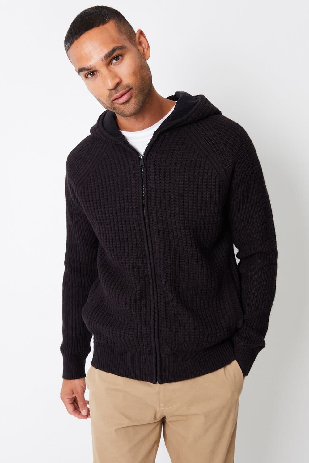 Threadbare Threadbare Men's 'Kirkstone' Zip-Up Knitted Hoodie with Microfleece Lining in Black