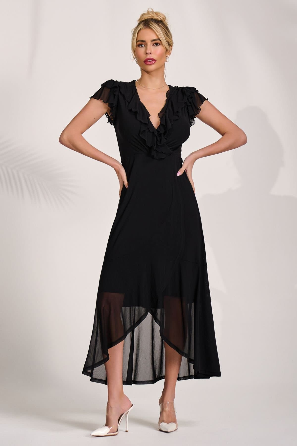 Jolie Moi Jolie Moi Women's Ruffled Mesh Maxi Dress in Black