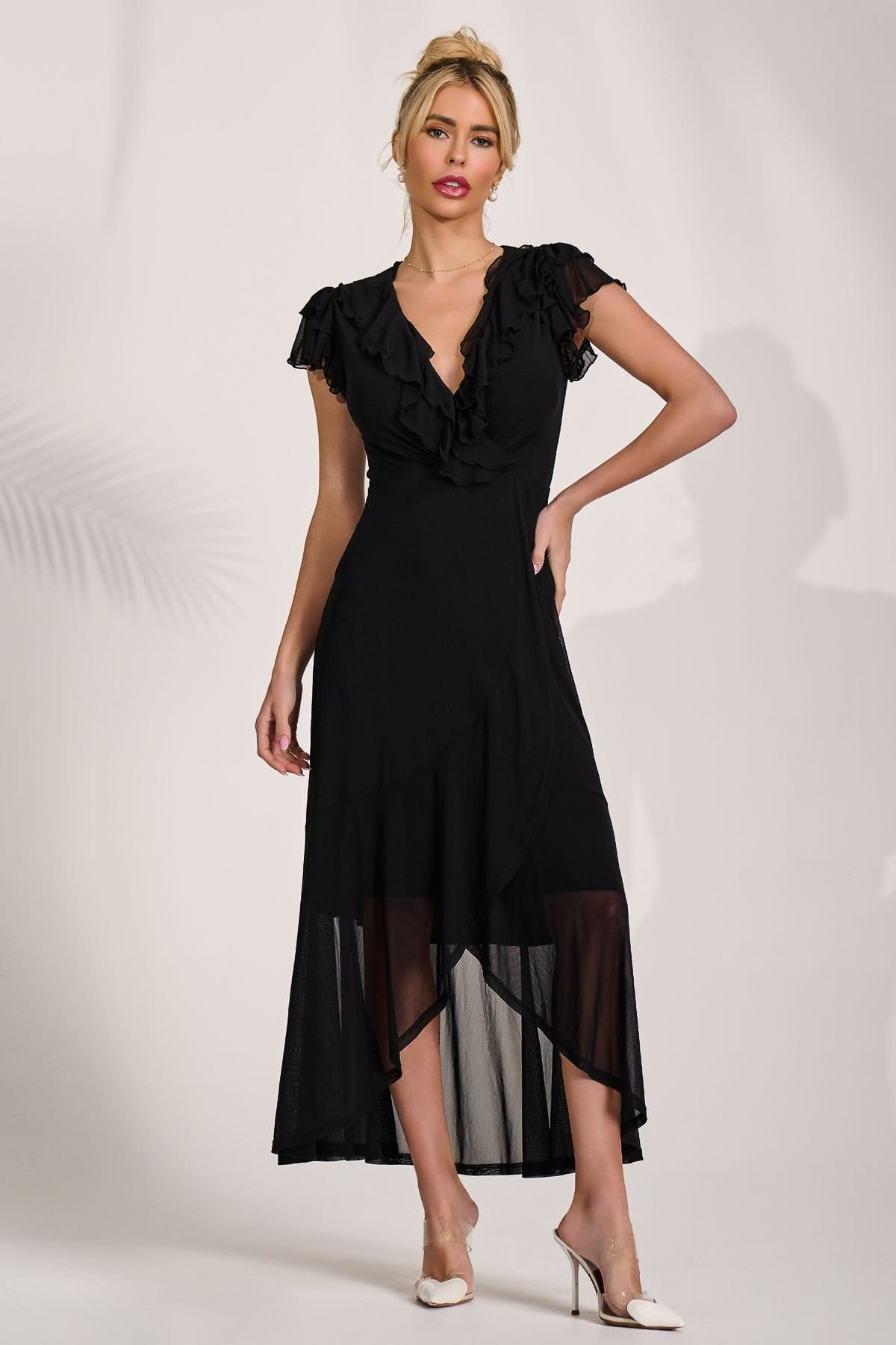 Jolie Moi Jolie Moi Women's Ruffled Mesh Maxi Dress in Black - 4