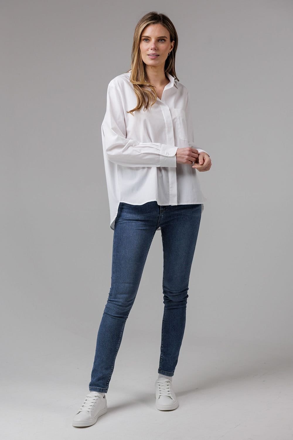French Connection French Connection Women's Cotton Long Sleeve Chest Pocket Poplin Popover High-Low Hem Shirt in White - 3
