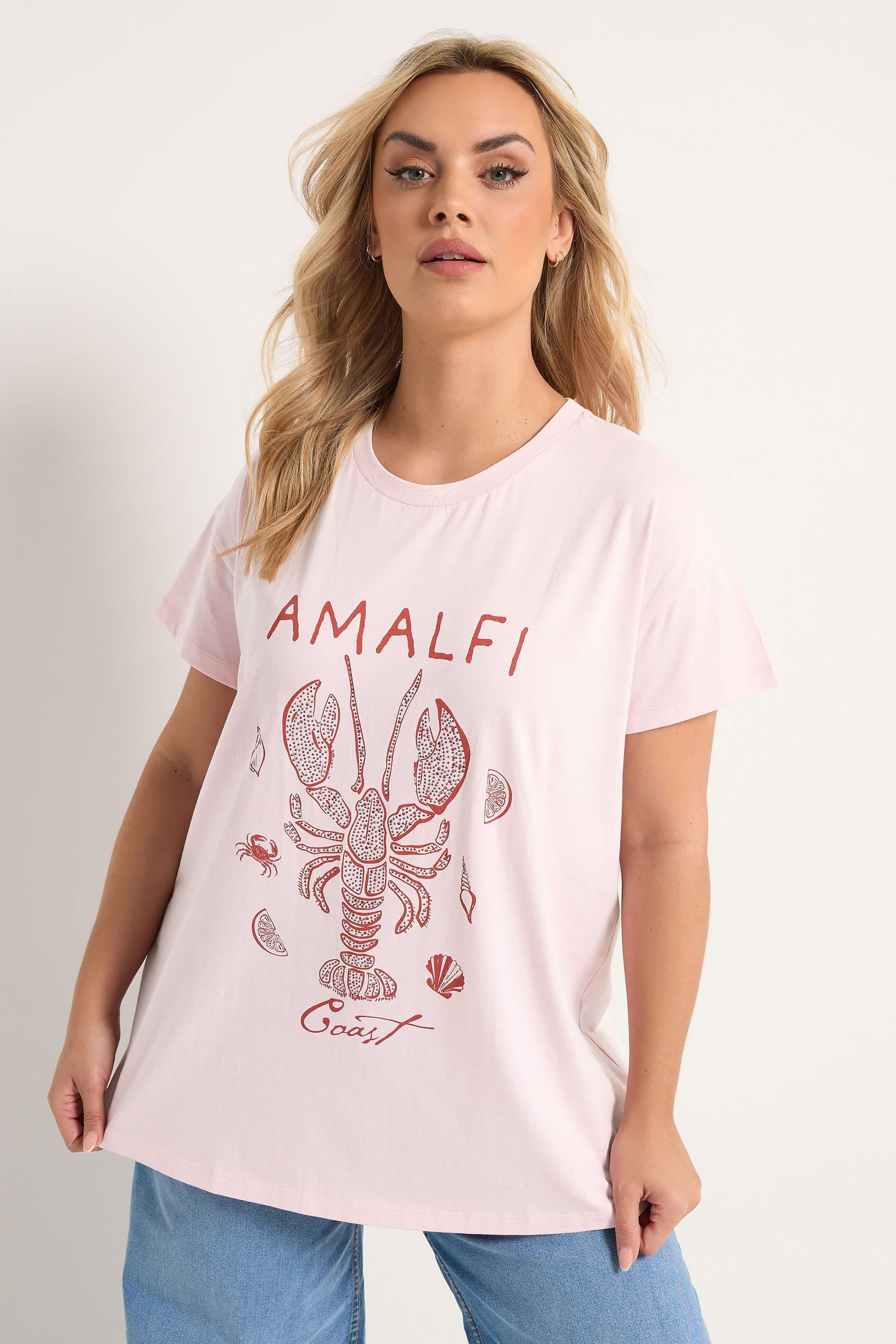 Yours Plus Size Pink 'Amalfi Coast' Embellished Tshirt
