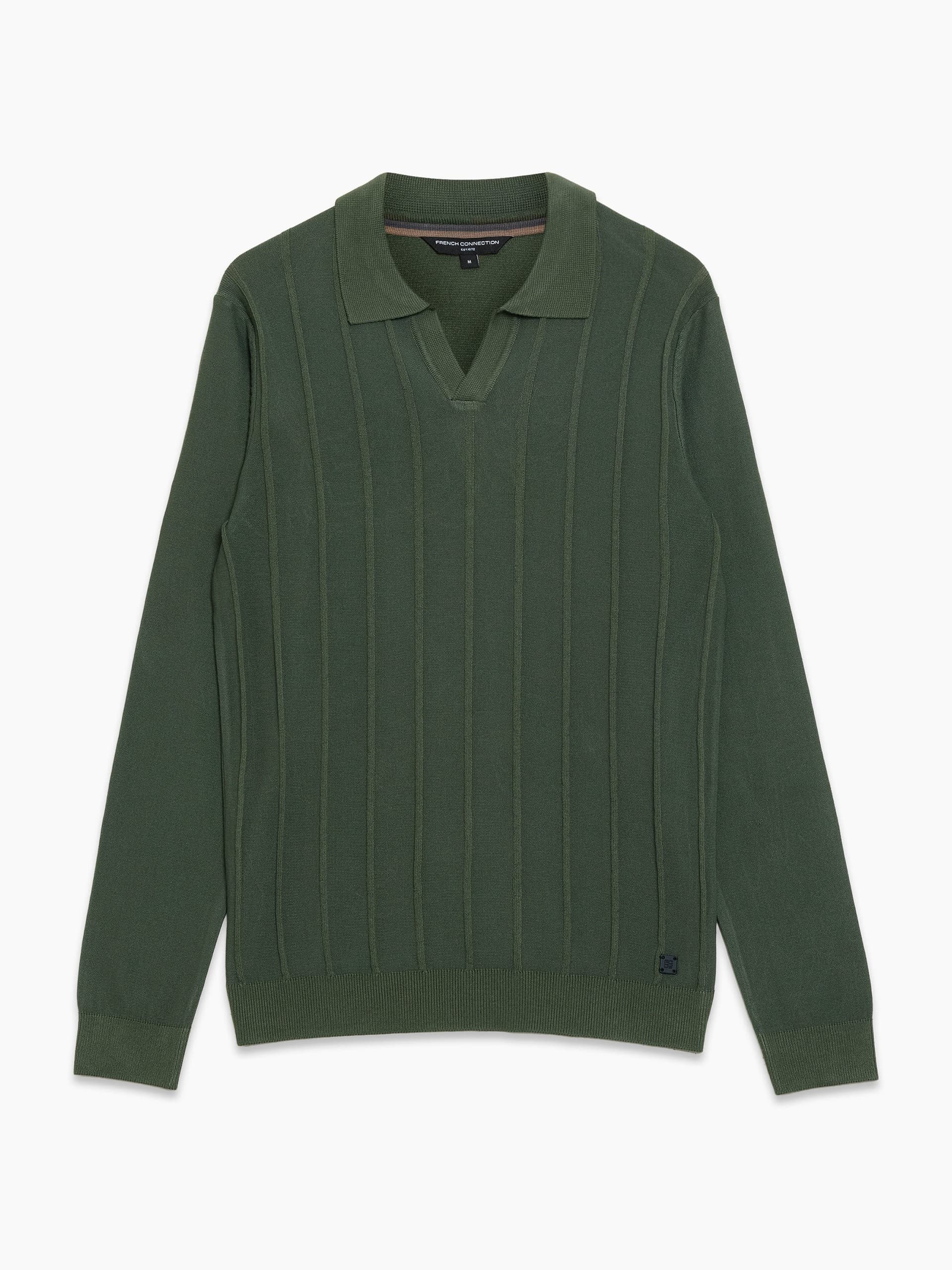 French Connection Open Collar Vertical Stitch Green Knit Top Beetle Green
